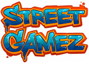 A red background with the words street games written in blue.