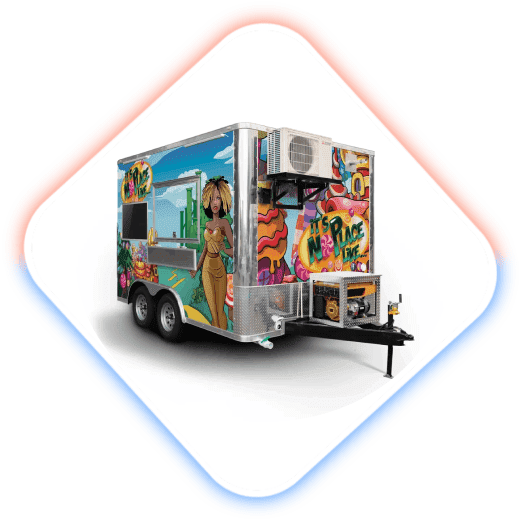 A food truck with colorful designs on it.